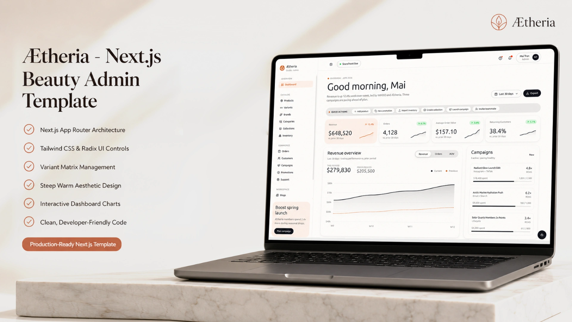Aetheria Admin Next.js Beauty & Skincare Ecommerce Dashboard preview